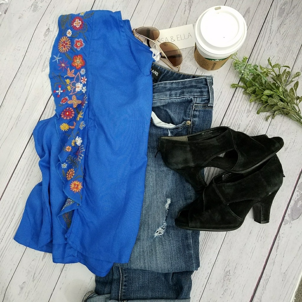 NWT ISA & ELLA blue top embroidered sides JR-XL